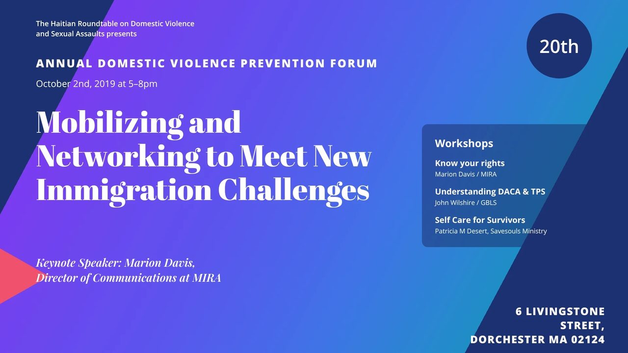 Flyer for the 20th Annual Domestic Violence Prevention Forum on October 2, 2019 in Dorchester.