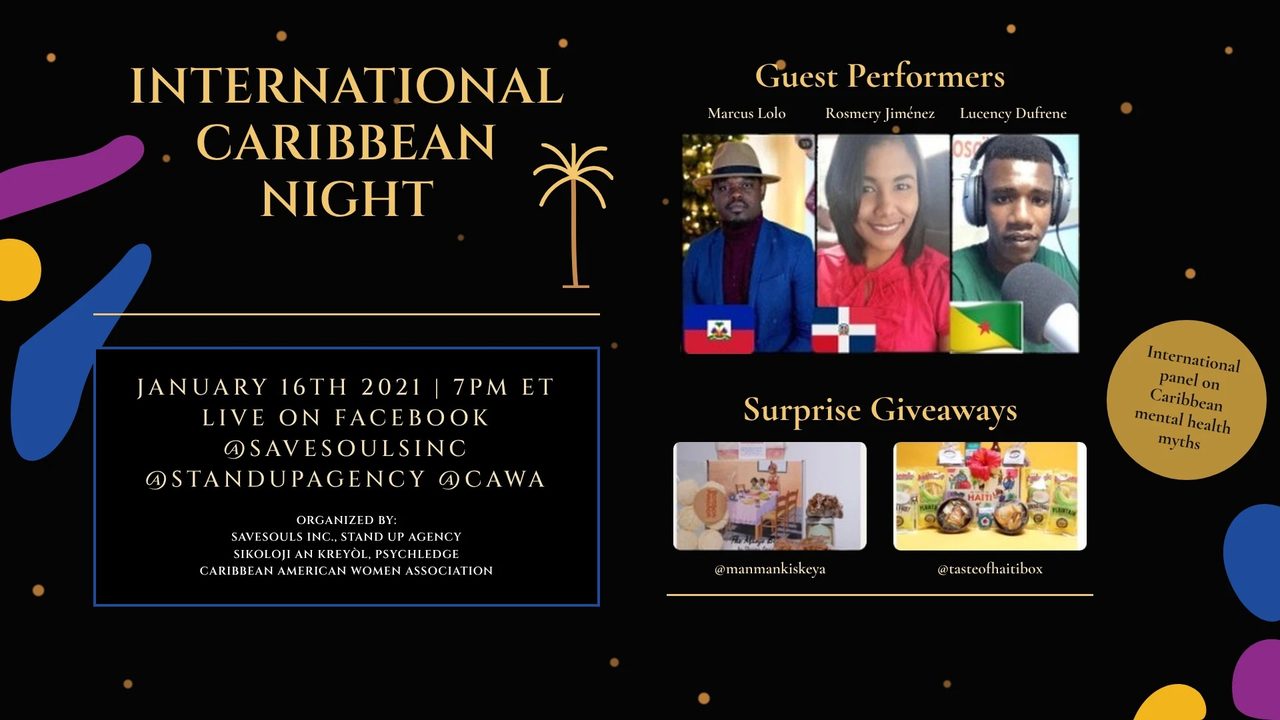 Flyer for International Afro-Caribbean Night on January 16, 2021.