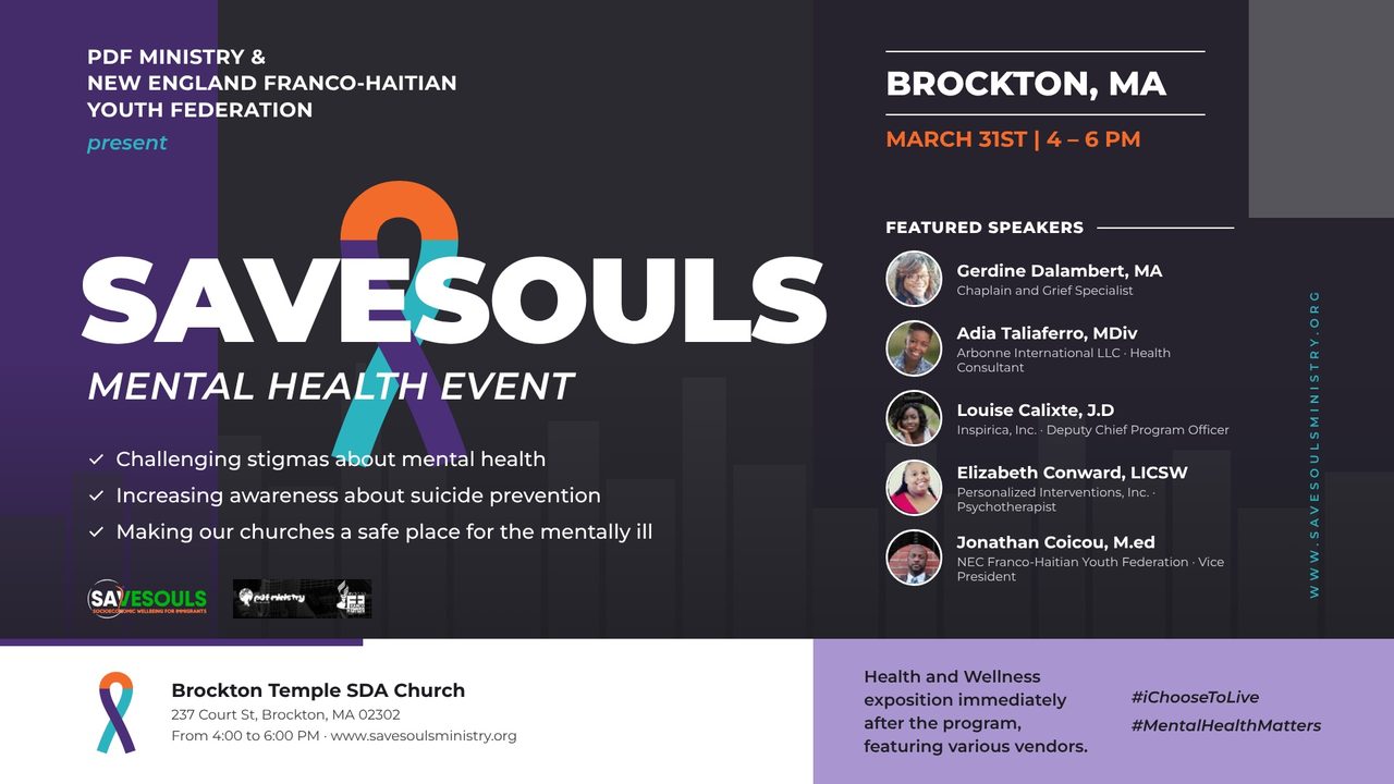 Flyer for the SaveSouls mental health event at Brockton Temple SDA Church on March 31.
