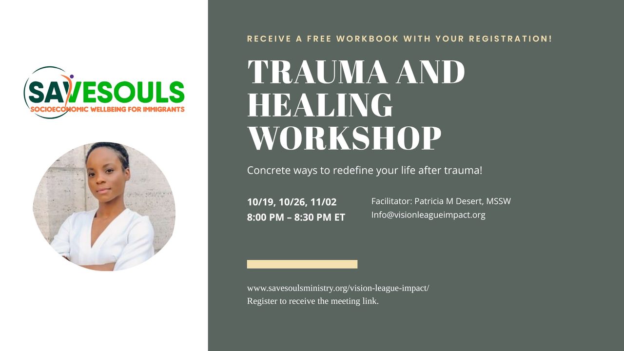 Flyer for the SaveSouls Trauma and Healing Workshop on October 19, October 26, and November 2.